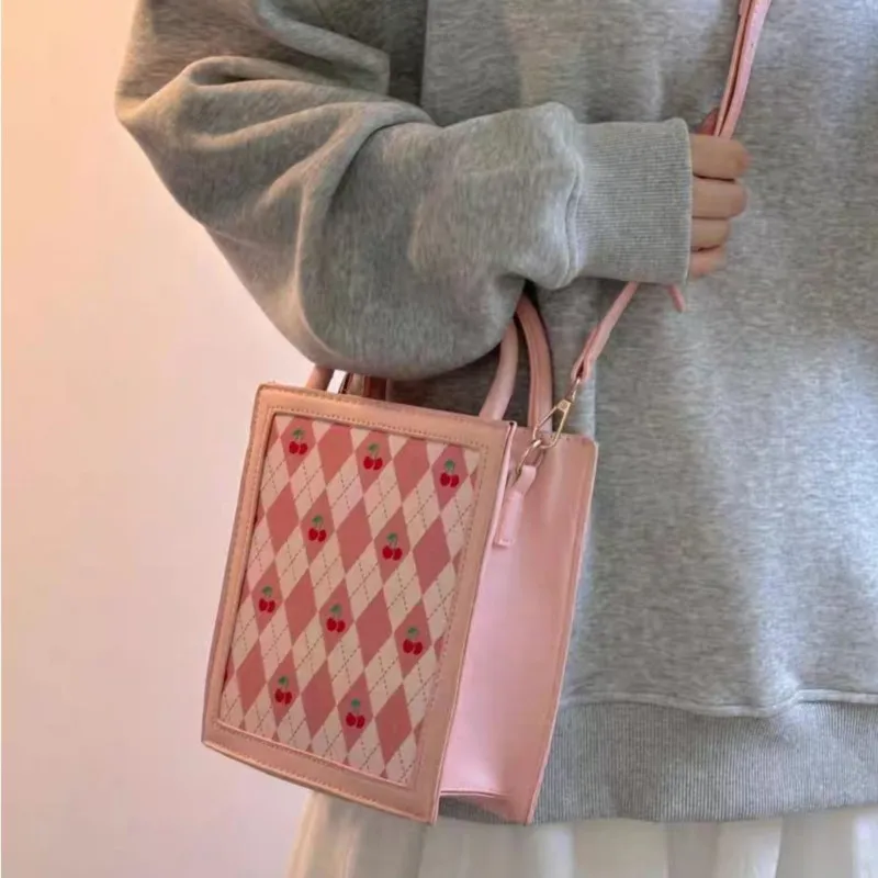 

Милая милая вишнево-розовая женская сумка с ромбовидным узором, квадратная большая вместительная сумка на плечо, женская кавайная повседневная сумка через плечо, новинка