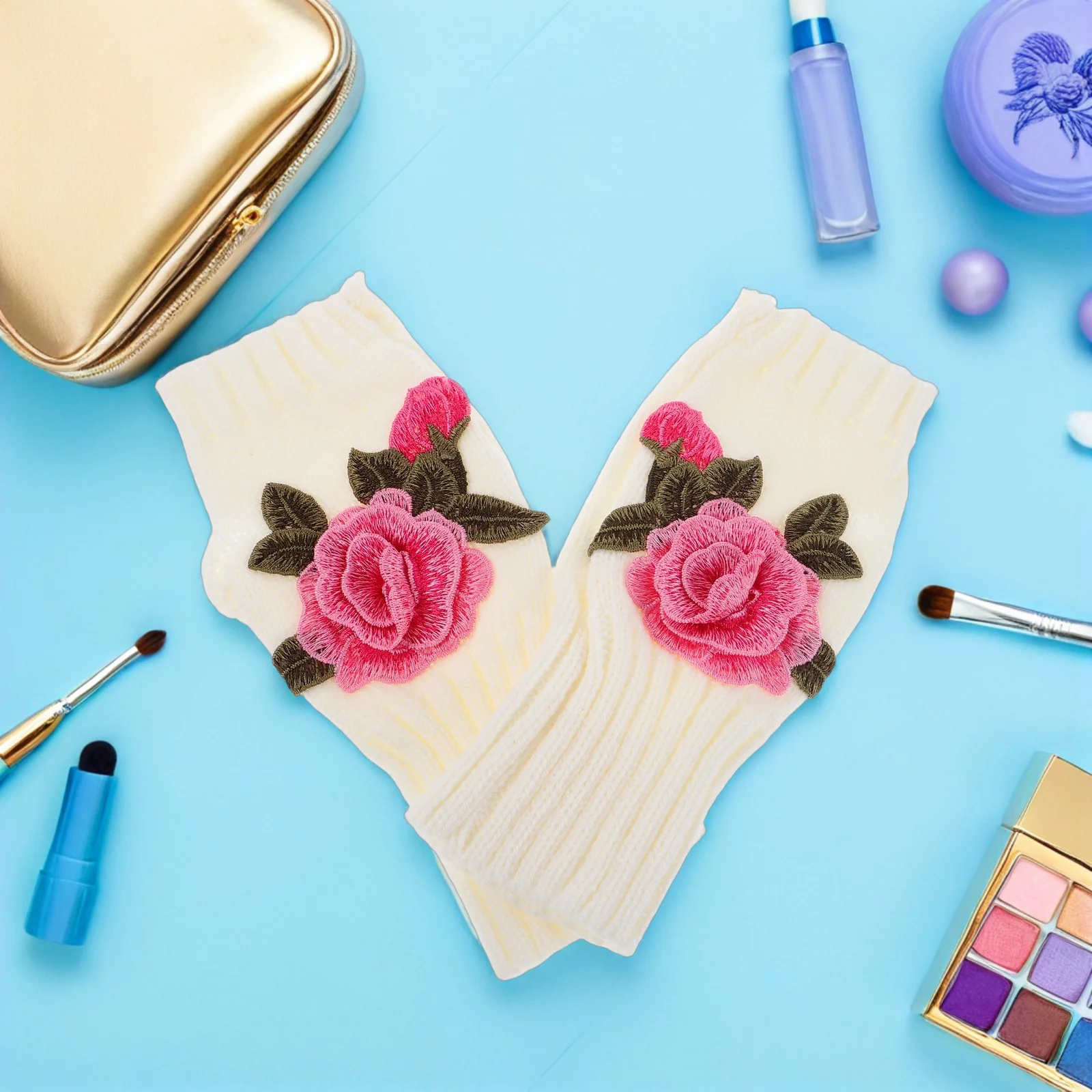 1 زوج المرأة قفازات بدون أصابع محبوك نصف اصبع قفازات مع نمط الأزهار الدافئة لخريف شتاء ارتداء اليومي