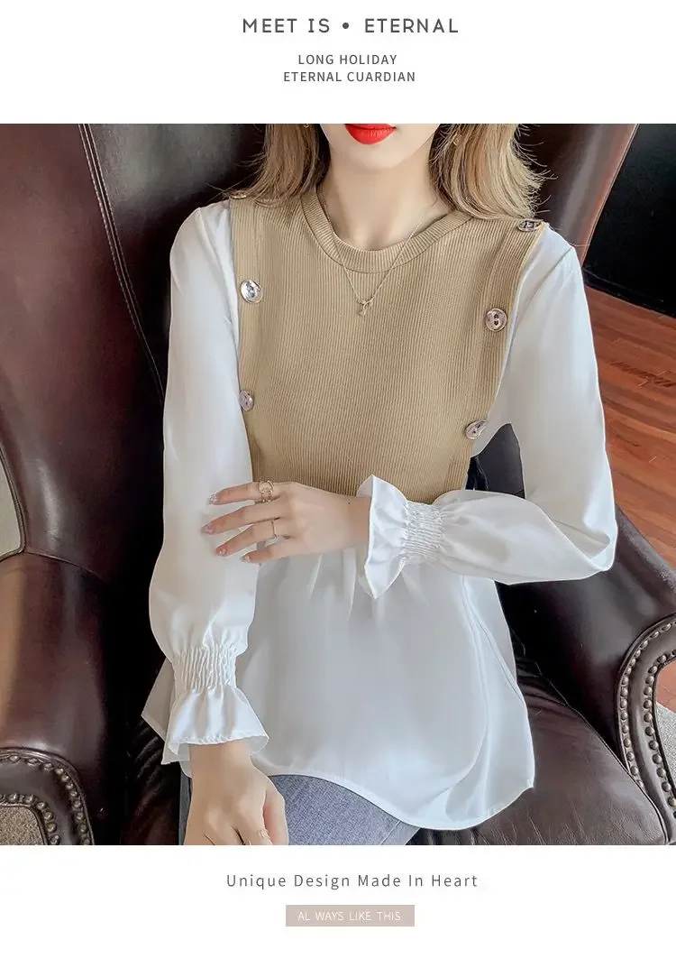 Zoete O-Hals Knoop Gesplitst Nep Twee Stukken Blouses Dameskleding Herfst Winter Losse Casual Tops Prinses Mouw Shirts X803