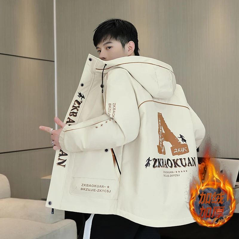 

Модные ветрозащитные теплые куртки с капюшоном на флисовой подкладке, осень-зима 2025, повседневные плюшевые пальто, молодежная верхняя одежда, толстая верхняя стеганая одежда