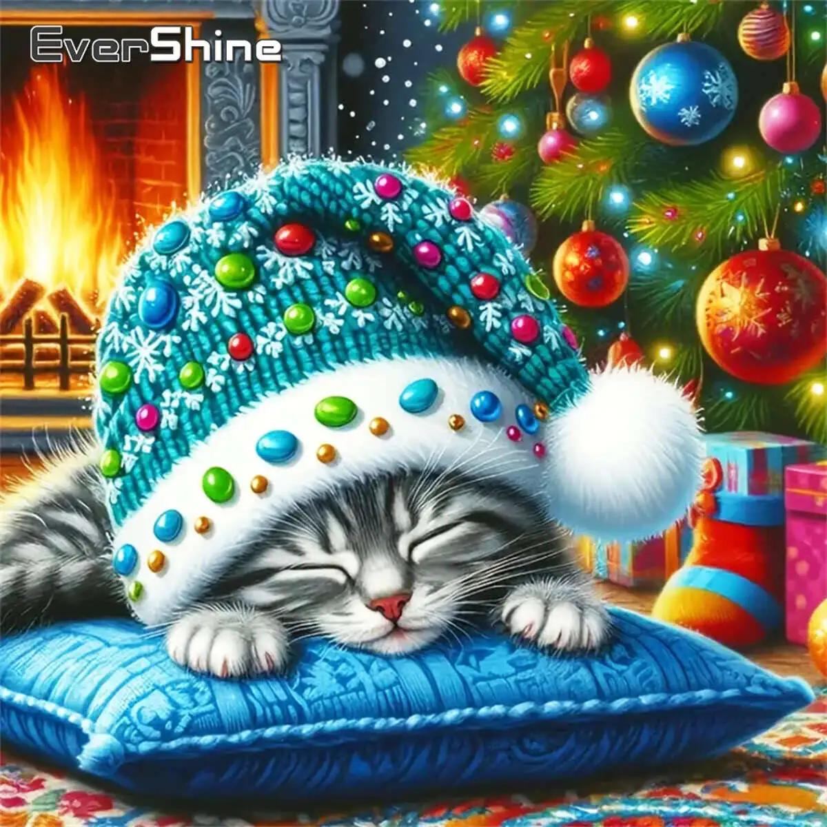Evershine Katze Diamant Malerei Tier Winter Strass Bilder Diamant Mosaik Cartoon Handwerk Kit Weihnachtsdekorationen für Zuhause