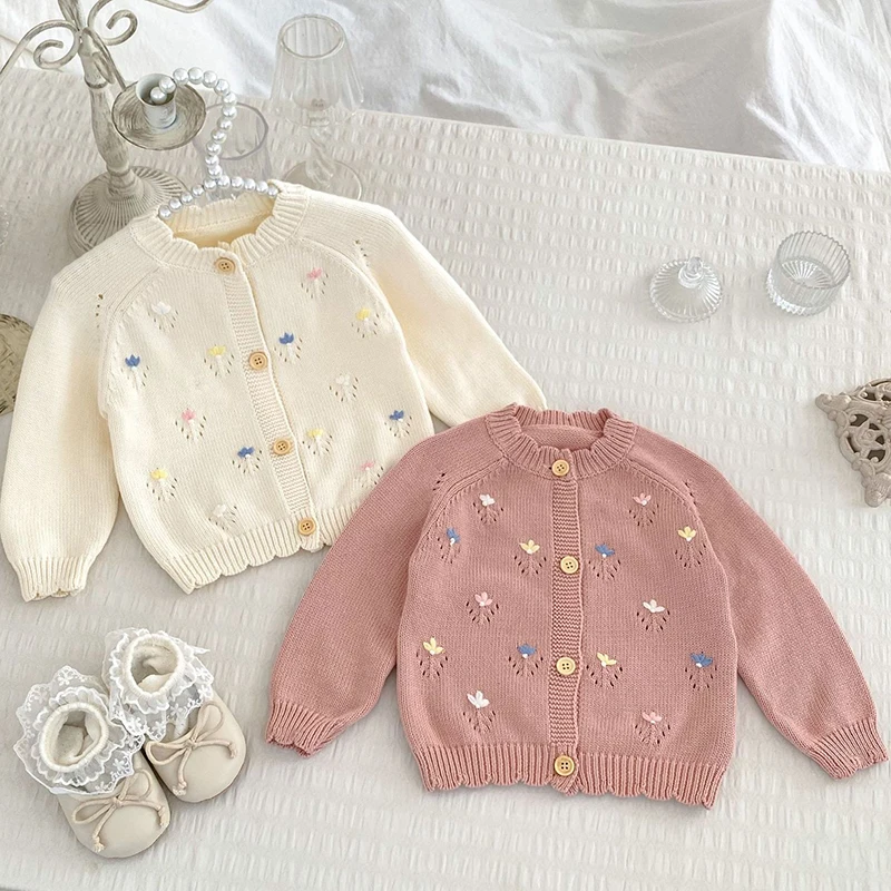 2024 New Autumn Children Clothes Newborn Baby Girls Sweater Coat Floral Embroidery Toddler Baby Girl Knitting Cardigan Coat