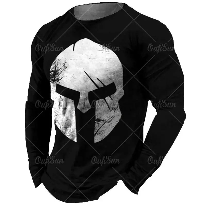 Spartan Tees Long Sleeved Black T-Shirt For Men 3d Print Shirts Spartan Graphics Men\'S Clothing Vintage Tops Casual Streetwear