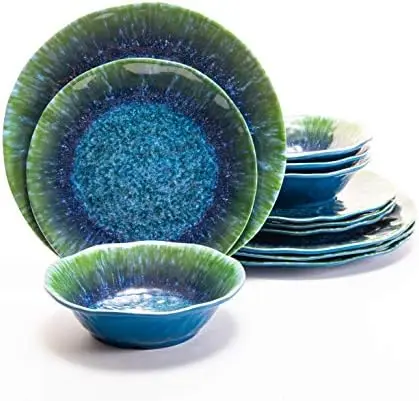 

12-Piece Melamine Dinnerware Set Teal – Dishwasher Safe, Lightweight Tableware Plates & Bowls – Blue Green Turquoise