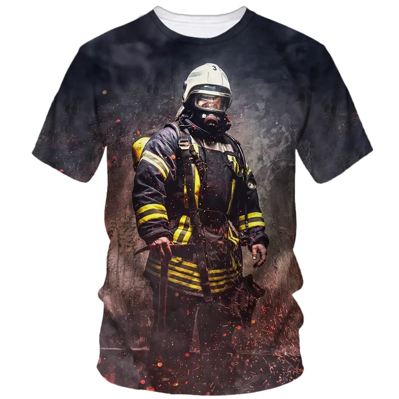 Firefighter Pattern Print Tough Guy Style Summer Men's Short Sleeve T-Shirt Street Personality Creative Fashion Loose Casual Top