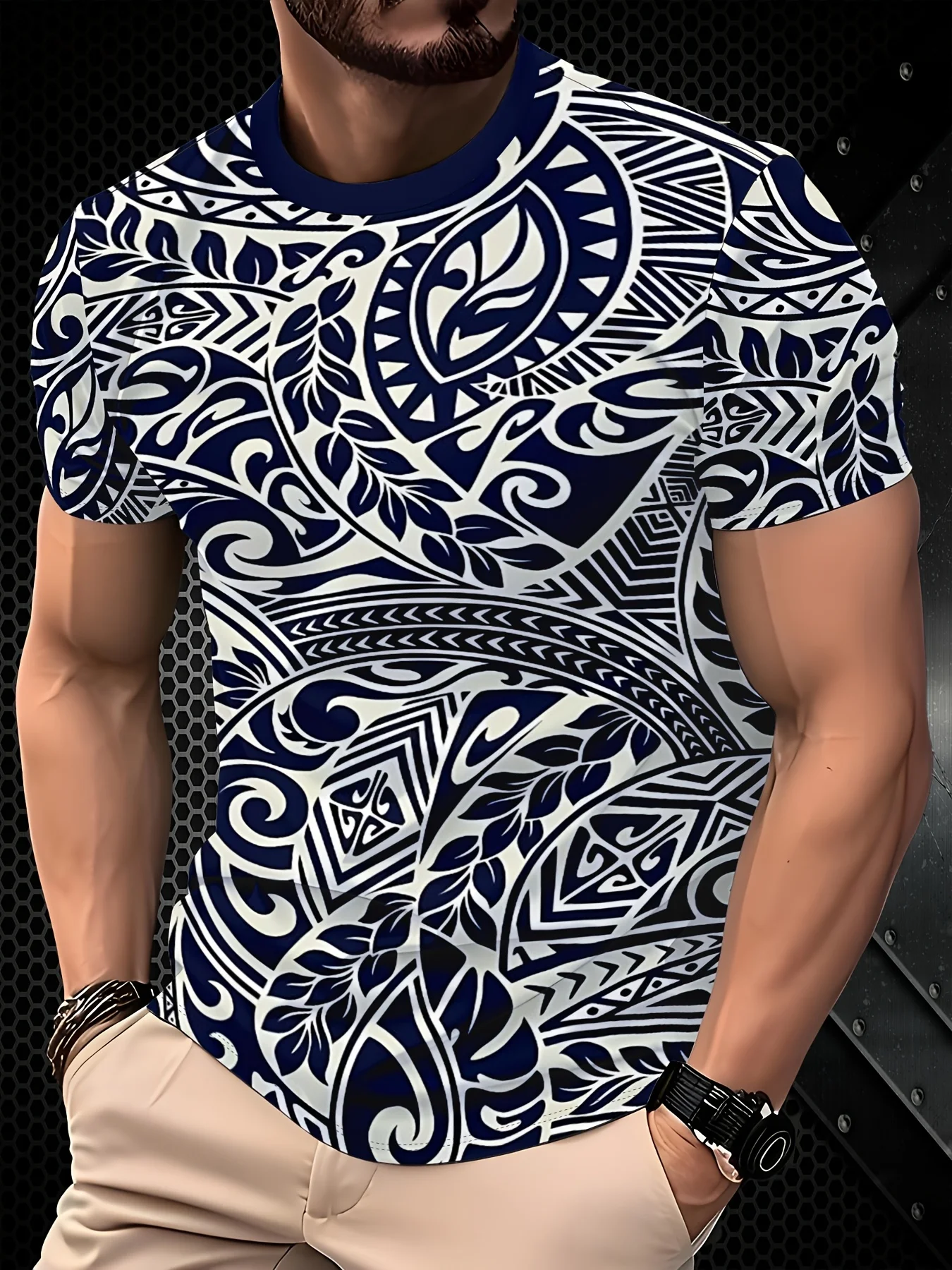 Men 3D Print T-Shirt Navy White Polynesian Tribal Leaf Swirl Pattern O Neck Short Sleeve Casual Summer Streetwear Tee