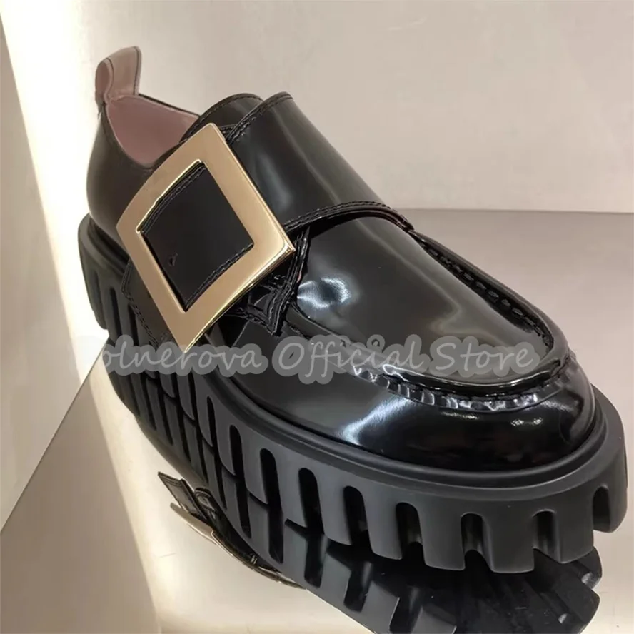 

Black Chunky Bottom Shallow Mary Jane Pumps Luxury Rhinestone Square Buckle Sli-On Women Loafers British Style Leather Shoes