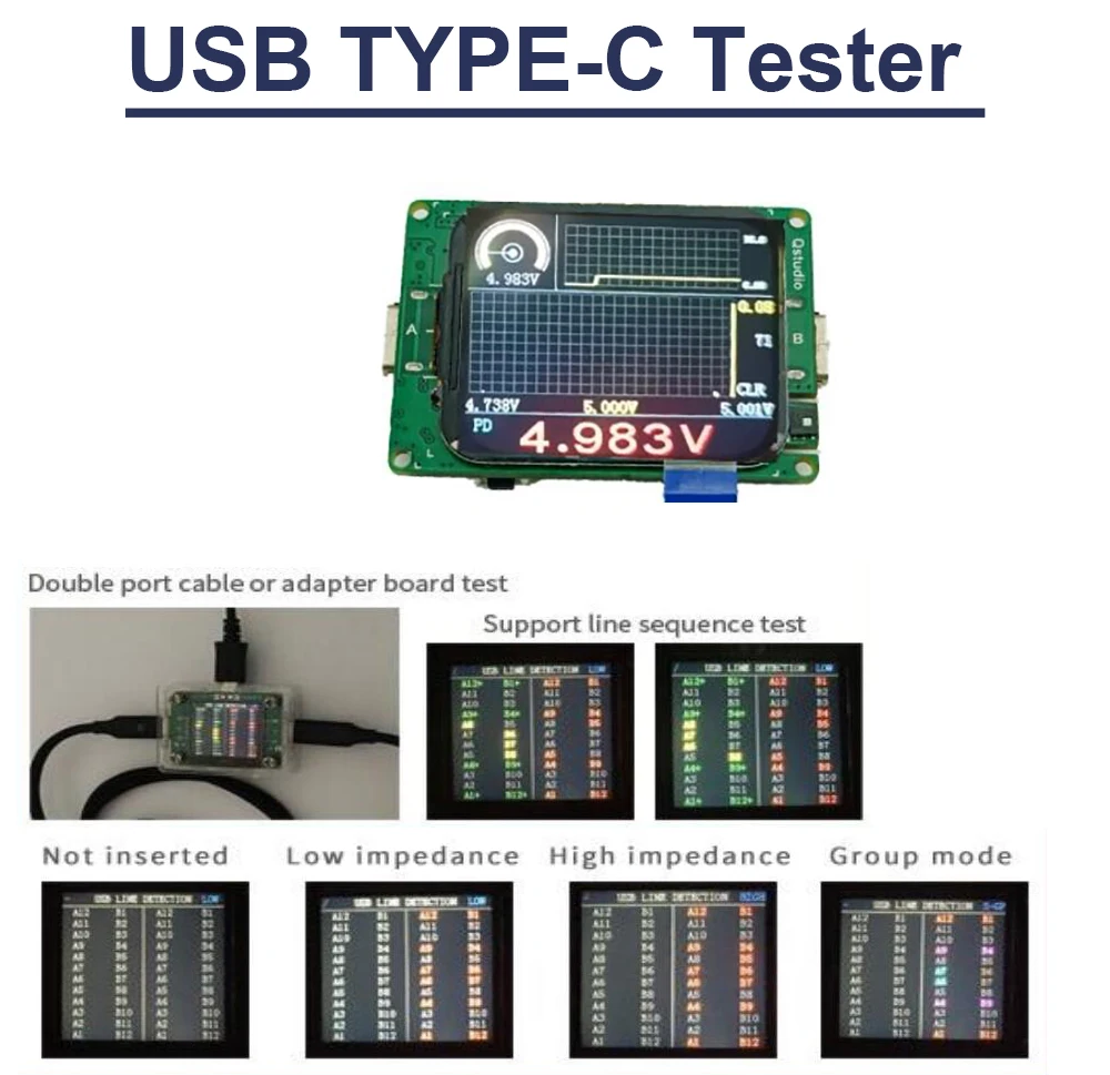 

USB Type-C Tester Line Detection Board USB-C Emark PD Data Cable Adapter Detection Repair Short Circuit Test Digital Display