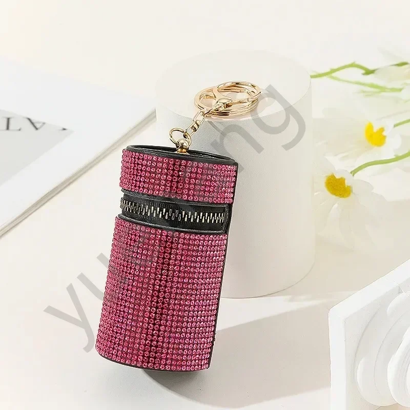 Mini bolsa de strass cilíndrica para mulheres, saco de batom PU, bolsa de zíper portátil simples com chaveiro, moda elegante, nova