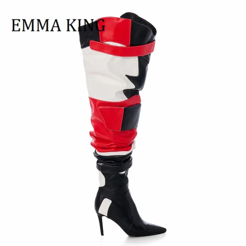 

Women Color Block Over The Knee High Boots Sexy Pointed Toe Stiletto Heel Slouch Tall Boots Fashion Multicolor Boots For Women's