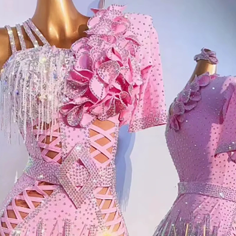 

Latin Dance Stage Women's High-end Customized Pink Stamen Design Samba Rhinestone Performance Costume Dress