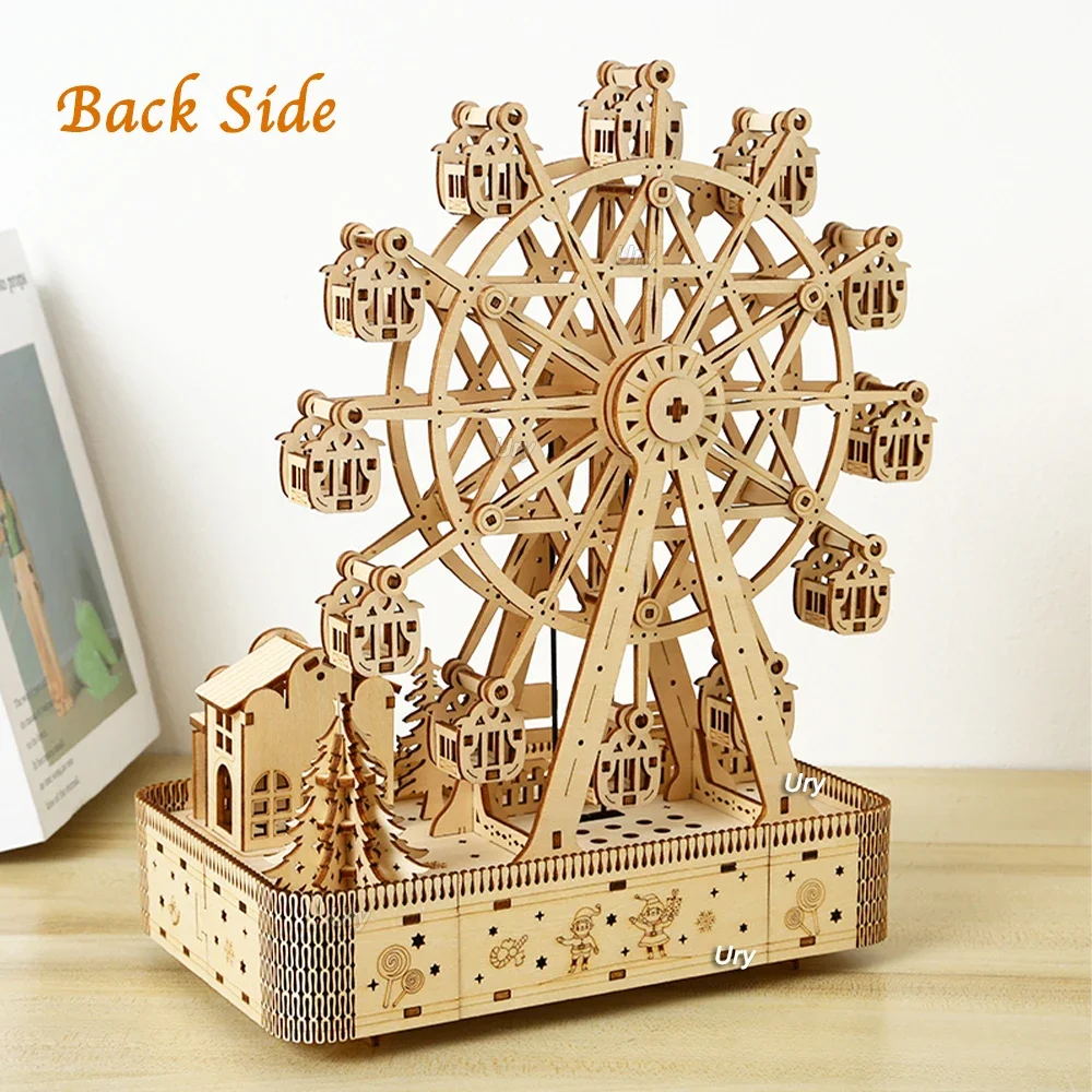 Ury 3D Wooden Puzzles Led Rotatable Ferris Wheel Music Octave Box Model Mechanical Kit Assembly Decor DIY Toy Gift for Kid Adult