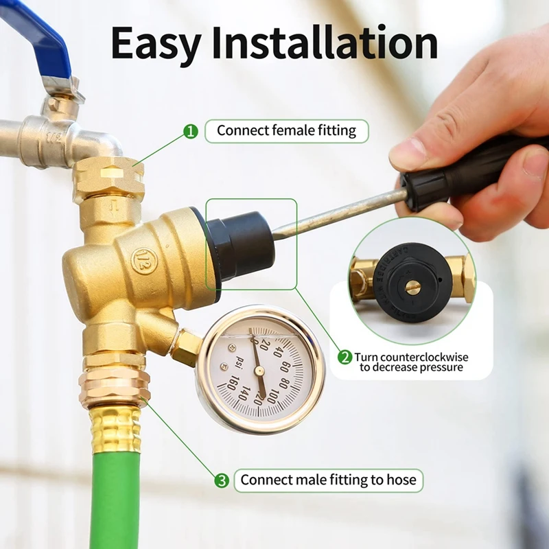 1 Piece RV Water Pressure Regulator Valve Pressure Regulator Valve With Gauge And Inlet Screen Filter, Brass Lead-Free