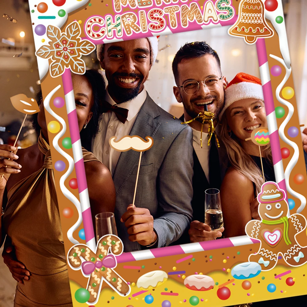 Christmas Photo Booth Props DIY Gingerbread Man House Selfie Picture Photo Booth Frame xmas Party Favors Games for Kids Adults