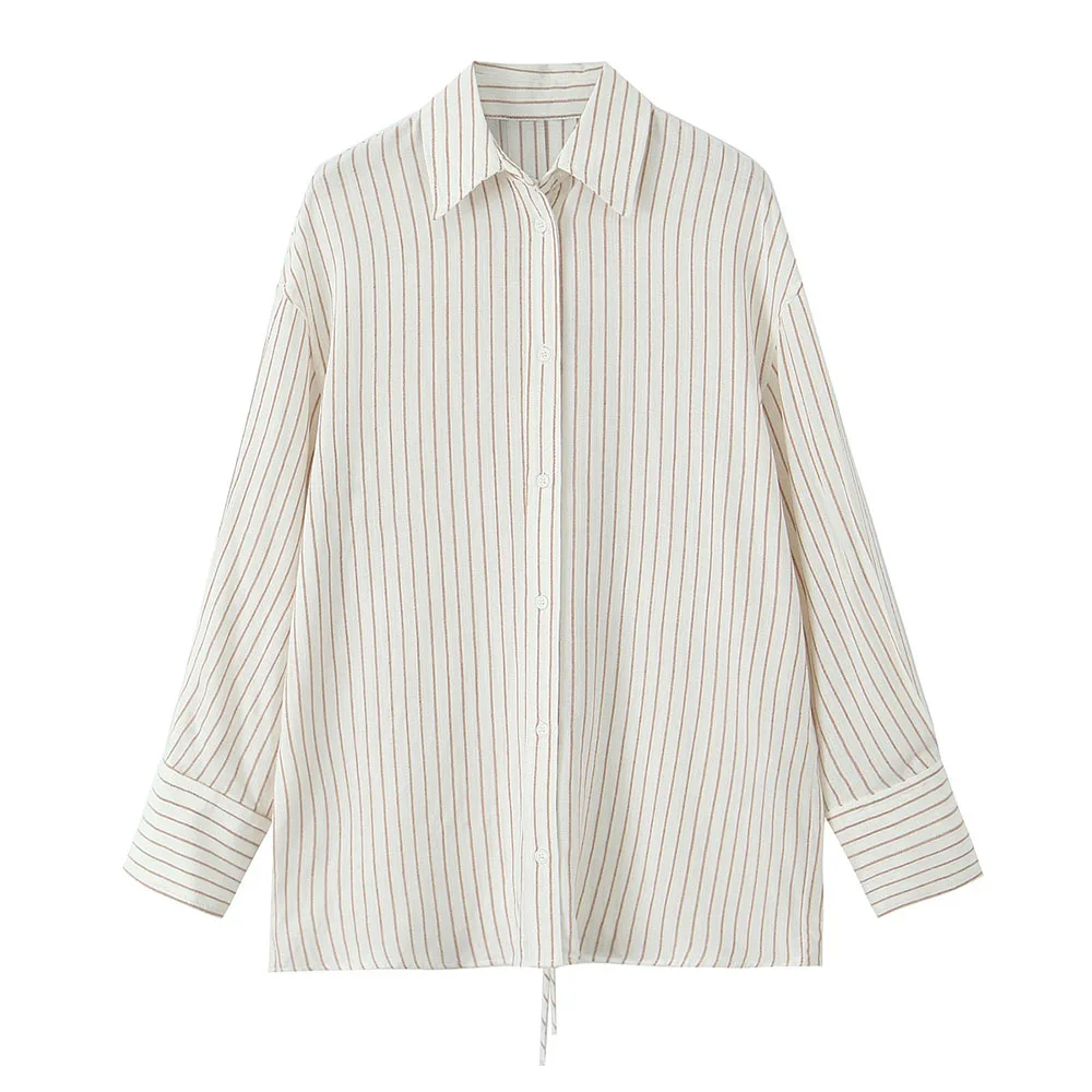 

Autumn 2024 new women's fashion and leisure Joker slim loose commuter lapel back bow striped long sleeve shirt.