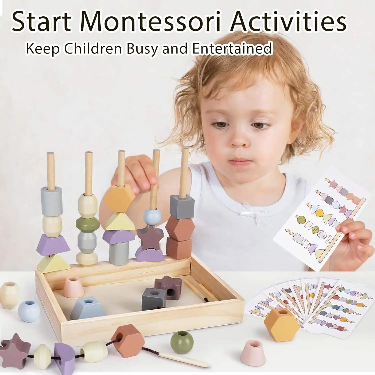 Montessori Toys for 3 Year Old - Wooden Lacing Beads & Stacking Blocks Toys for 3 4 5 Year Old Girl Boy Easter Birthday Gifts, P
