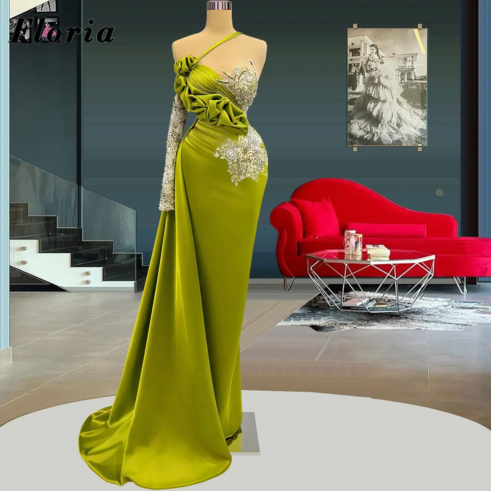 

Luxury Green Beads Celebrity Dresses Crystals Long Sleeve Prom Dress Customize Plus Size Mermaid Party Gowns Vestidos De Mujer