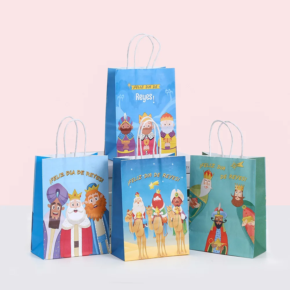 Bolsa con asa de papel de Los Reyes Magos de dibujos animados para niño, suministros para fiesta de cumpleaños, bolsa de regalo, galletas, dulces, bolsa de aperitivos, Baby Shower