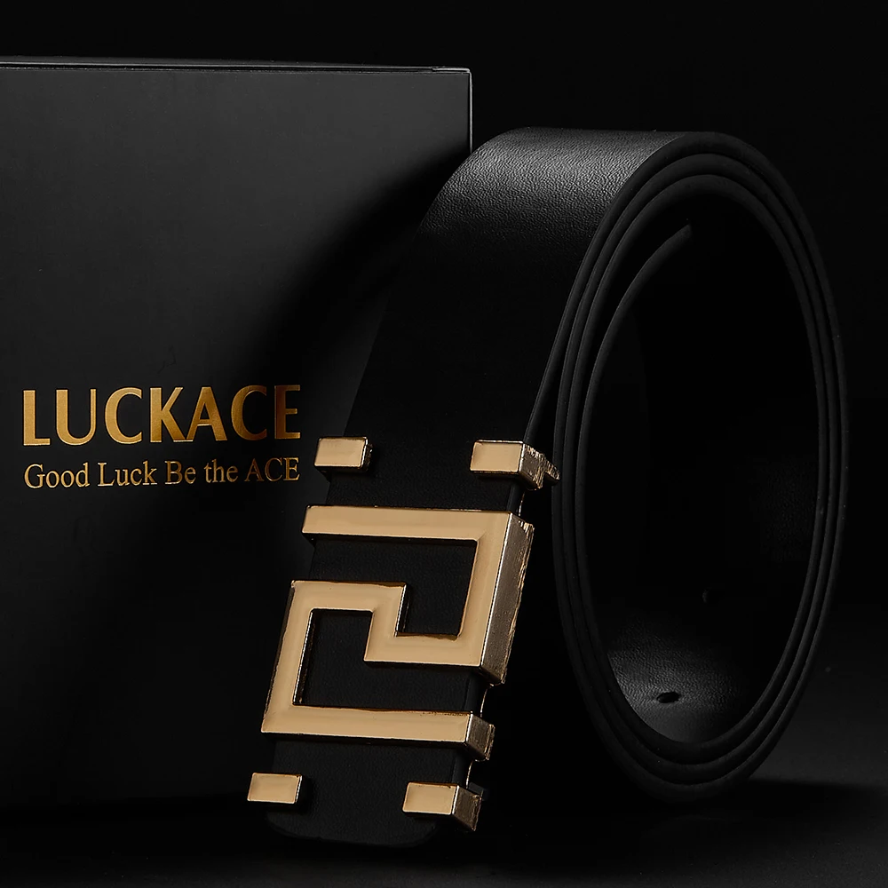 

Стильные ремни LUCKACE для мужчин и женщин, повседневный кожаный мужской ремень из джинсовой ткани с геометрическими буквами, с пуговицами из сплава