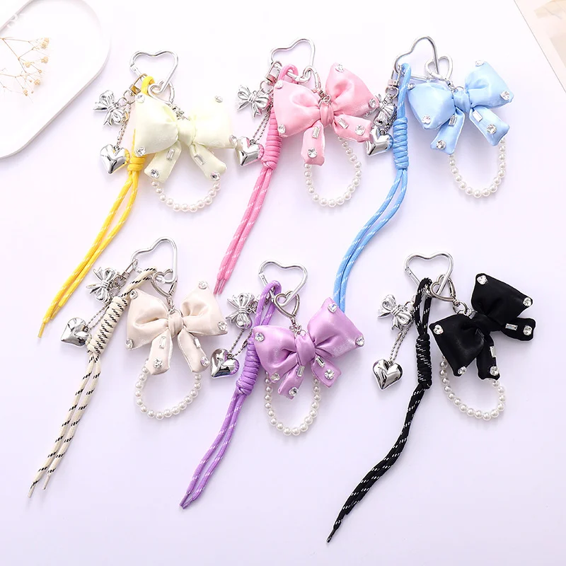 Cute Fashion Bow Pendant Keyring Versatile Nylon Rope Keychain Sweet Kawaii Mobile Phone Lanyard Backpack Decoration Gifts