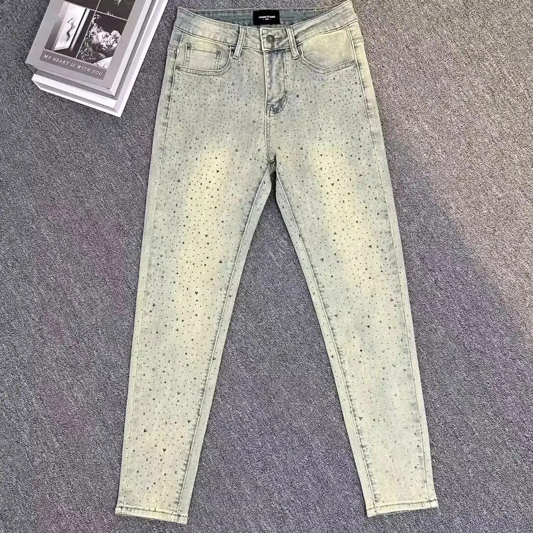 

High-End Rhinestone Men's Jeans Slim Fit Casual Elastic American Style Long Pants Yellow Mud Color 2025 New Trend Business Ca...