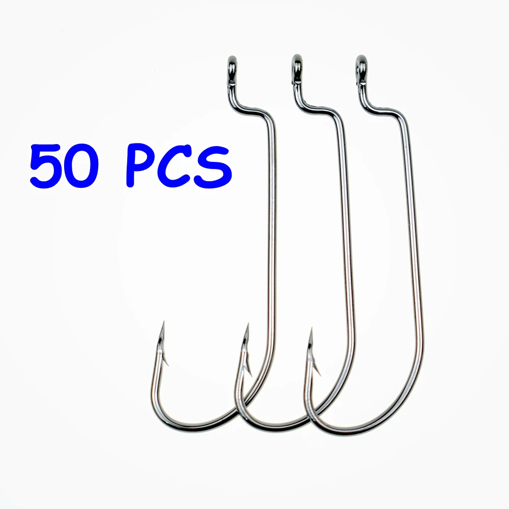 50 PCS Long Handle Worm Barbed Fishing Hook Offset Fishhooks Texas Rigs Accessories