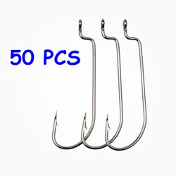 50 PCS Long Handle Worm Barbed Fishing Hook Offset Fishhooks Texas Rigs Accessories