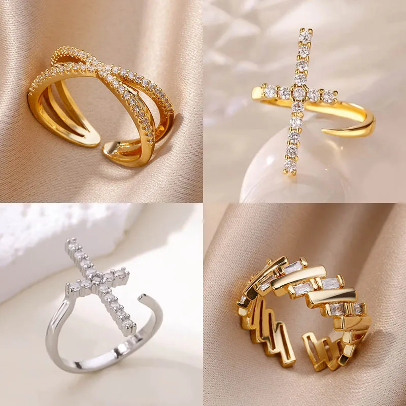

Luxury Zircon Cross Rings For Women Gold Color Stainless Steel Crystal Cross Opening Ring Design Wedding Christmas Jewerly Gift