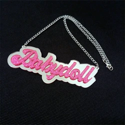 KUGUYS Glitter Pink Babydoll Pendant Necklace for Women Letters Mirror Silver Color Acrylic Fashion Jewelry