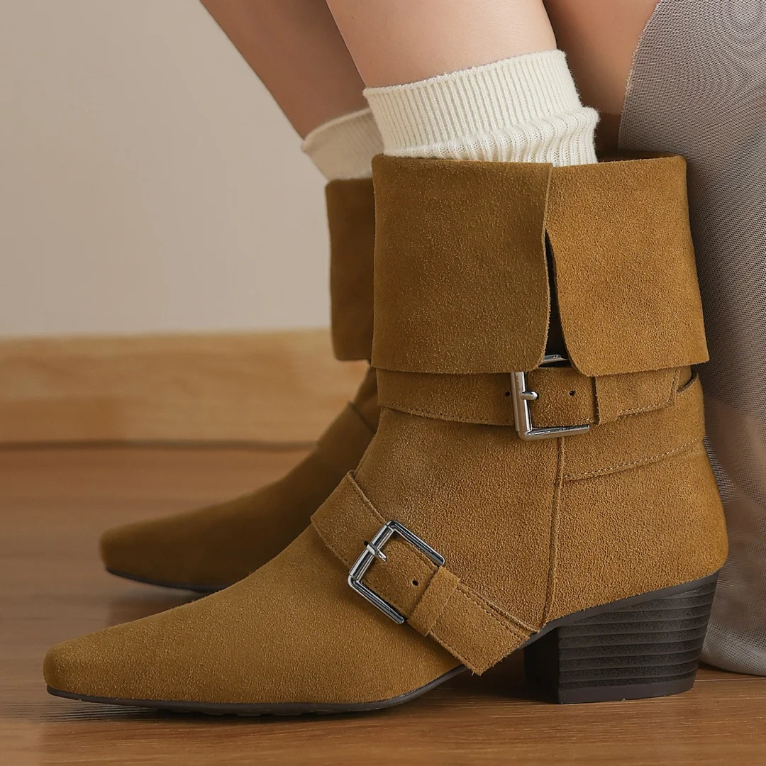 

Women's natural suede leather double metal buckle square toe slip-on autumn ankle boots 4.5cm thick med heel elegant short boots