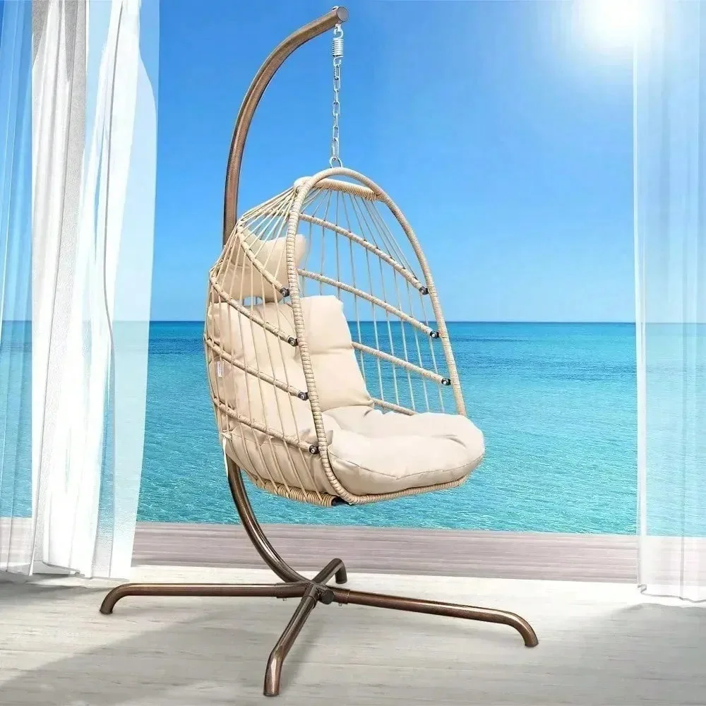 Hanging Egg Chair,With Stand Outdoor Swinging Egg Chair With Water Resistant Cushions PE Rattan Wicker Egg Chair Foldable Basket