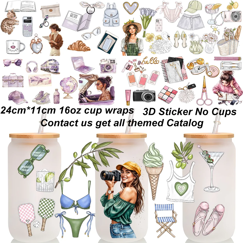 Girl`s Daily OOTD Clipart 3D Transfer Sticker Uv Dtf Cup Wrap Sticker For 16oz Cup Women Clipart Collection DIY Sticker Gift