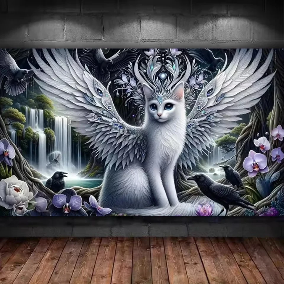 Stunning Vibrant jungle White Wings Cat Crow Diamond Painting Kit Mosaic DIY Psychedelic Animal Fantasy Waterfall Flower Craft