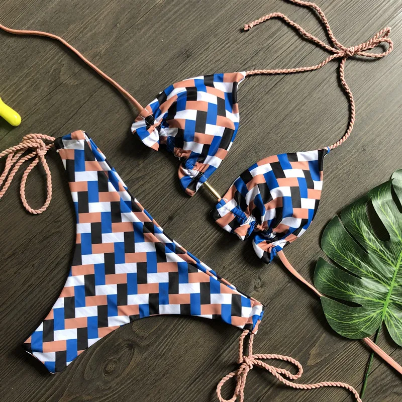 2024 New Swimwear Plaid Printed Split Swimsuit Women's European and American Sexy Bikini