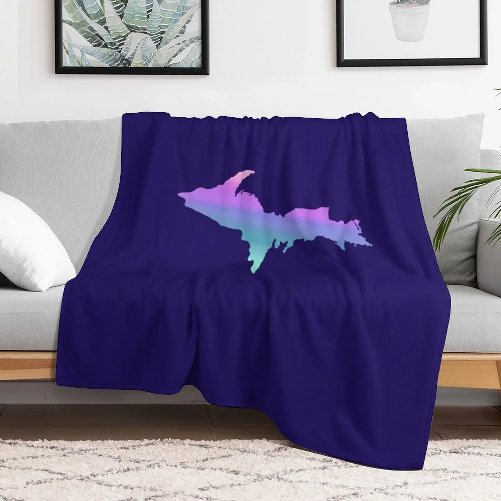 UP Upper Peninsula Blue Green Pink Purple Ombre Graphic Yooper 906 Throw Blanket Bed Soft Beds Decorative Throw Blankets