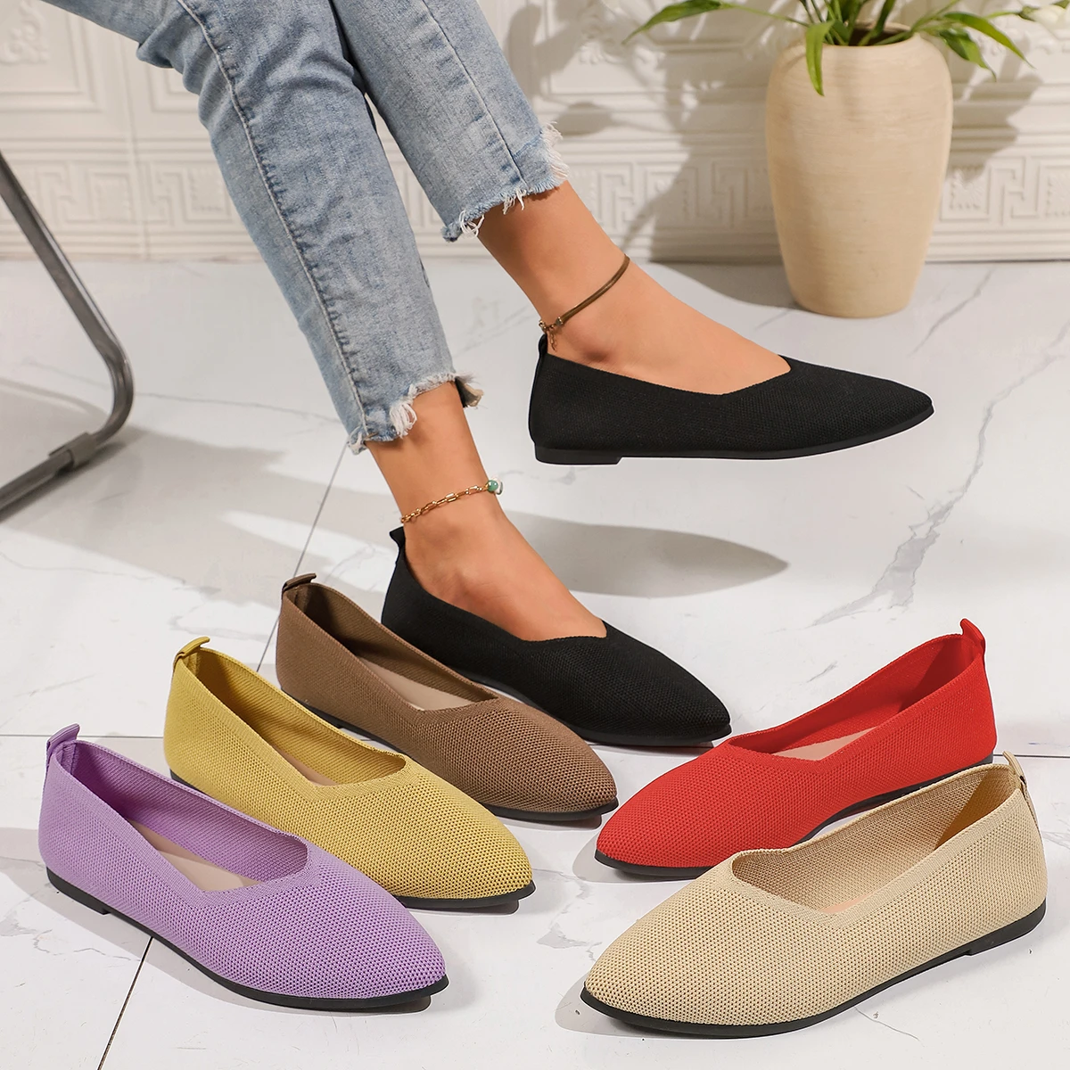 Women Mesh Breathable Pointed Toe Flat Shoes Fashion Soft Bottom Knitted Shoes  comfortable Lightweight Slip on Footwear Loafers