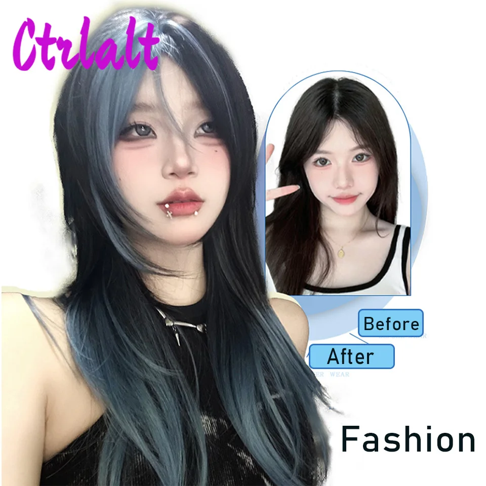 Cosplay Wig Synthetic Long Straight  Black Ombre Light Blue Colorful Lolita Wigs with Bangs Halloween Daily Wigs Heat Resistant