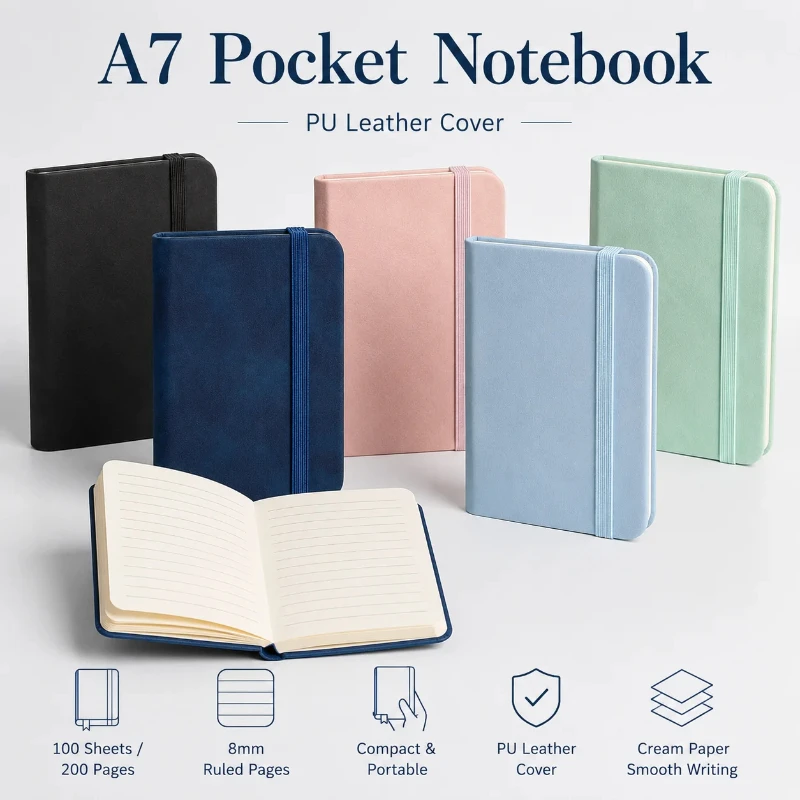 A7 Pocket Notebook, 100 Sheets/200 Pages, PU Leather Cover, 8mm Ruled Paper, Elastic Closure, Portable Journal