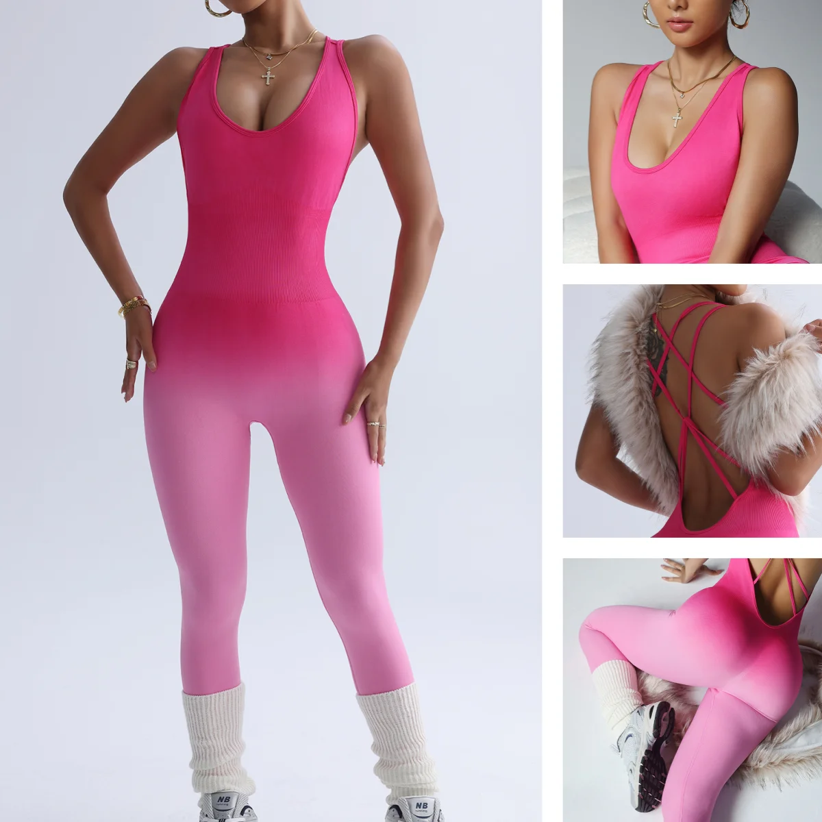Women's Yoga Suit Pink Gradient Backless Bodysuit Criss Cross Strappy Romper Deep V Neck Jumpsuit Sleeveless Workout Activewear