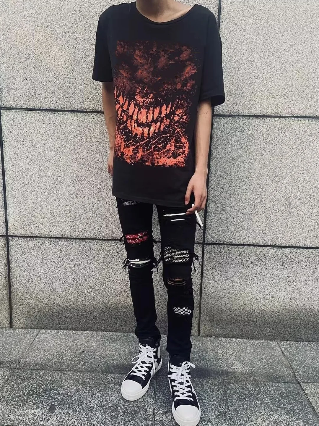 

High Street Korean Style Patchwork Ripped Denim Jeans Men's Trendy Slim Fit Black Vintage Long Pants Streetwear Casual