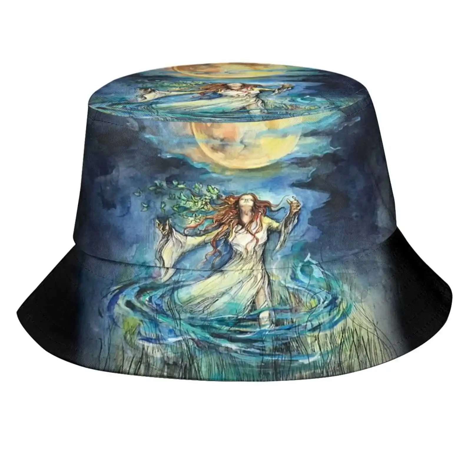 The Moon Korean Ladies Outdoor Sun Hat Bucket Cap Bonestone Earthflesh Tarot Moon Art Magic Witch Pagan