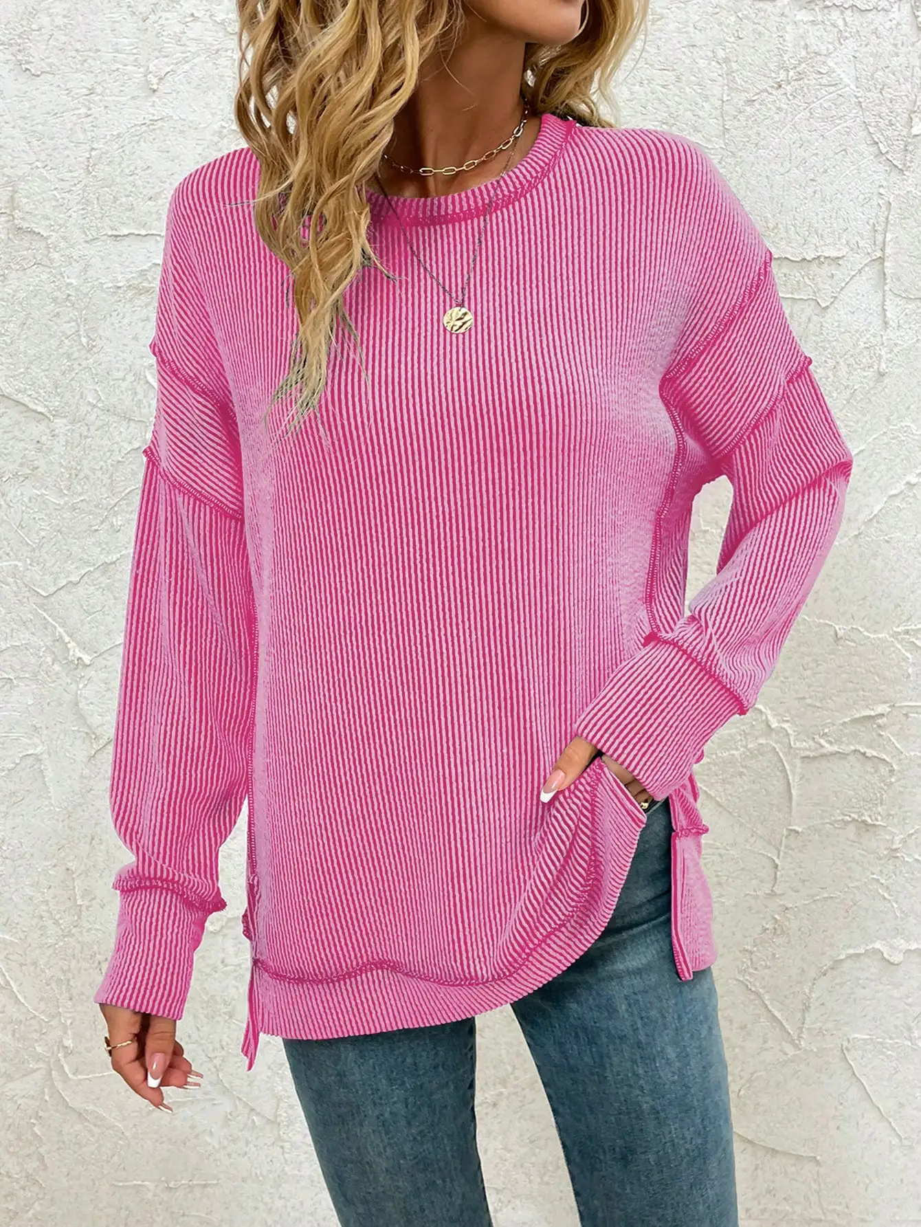 

Женские рубашки с длинным рукавом, осенние, в рубчик, свободного кроя, оверсайз, свитшоты, повседневные туники с боковыми разрезами