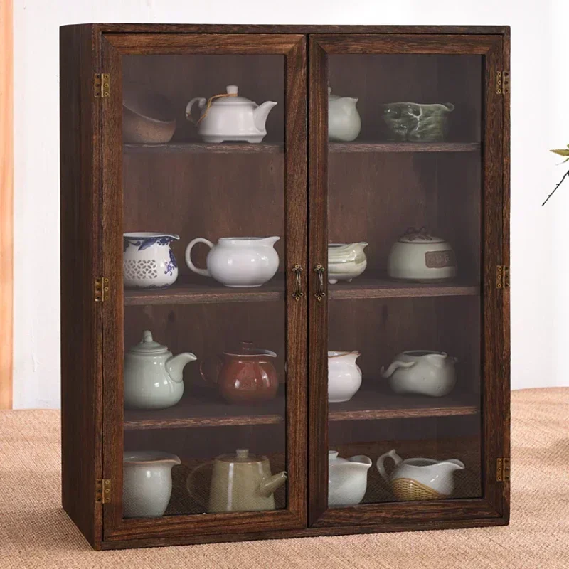 Desktop Tea Set Storage Shelf Dustproof Glass Cosmetics Display Cabinet  Solid Wood Charcoal Baking Process Insect Prevention