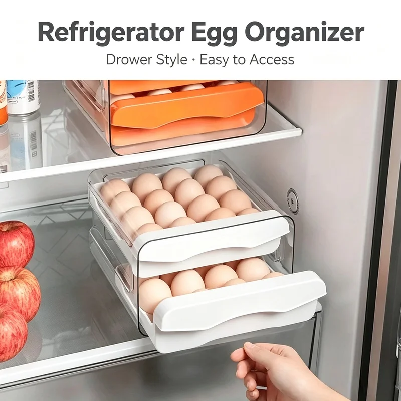 2-Layer Drawer Type Refrigerator Egg Holder, Large Capacity Plastic Fresh Keeping Egg Storage Box for Kitchen