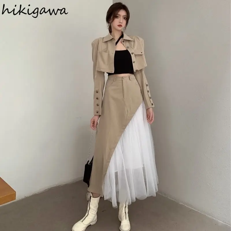 Fashion Two Piece Sets for Women Long Sleeve Temperament Crop Coat High Waist Patchwork Gauze Skirt Soutfits Casual Y2k Suit