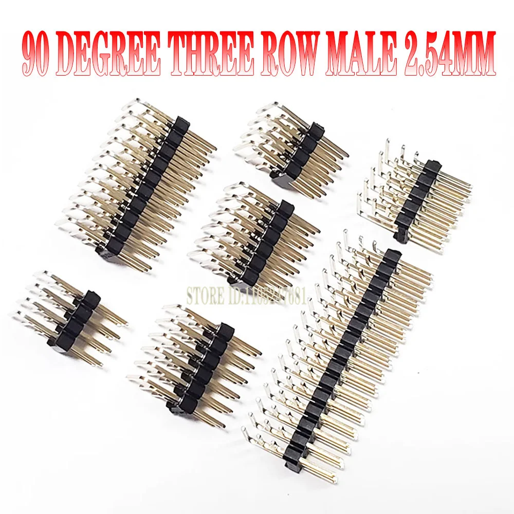 Conector de Pinos em Ângulo Reto de 90 Graus, 5 Peças, Passo de 2,54mm, Três Fileiras, Macho, Opções de 32-340 Pinos, Componente Eletrônico