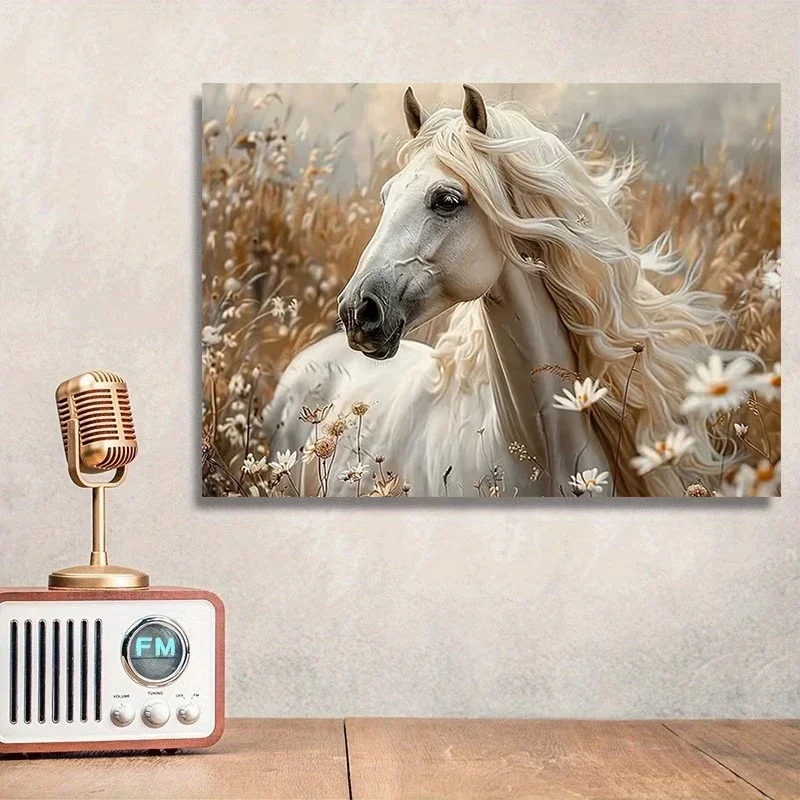 Multiple sizes 1pc frameless Canvas Painting,White Horse & Wild Flowers Landscape Horse Galloping Poster and Prints Canvas Paint
