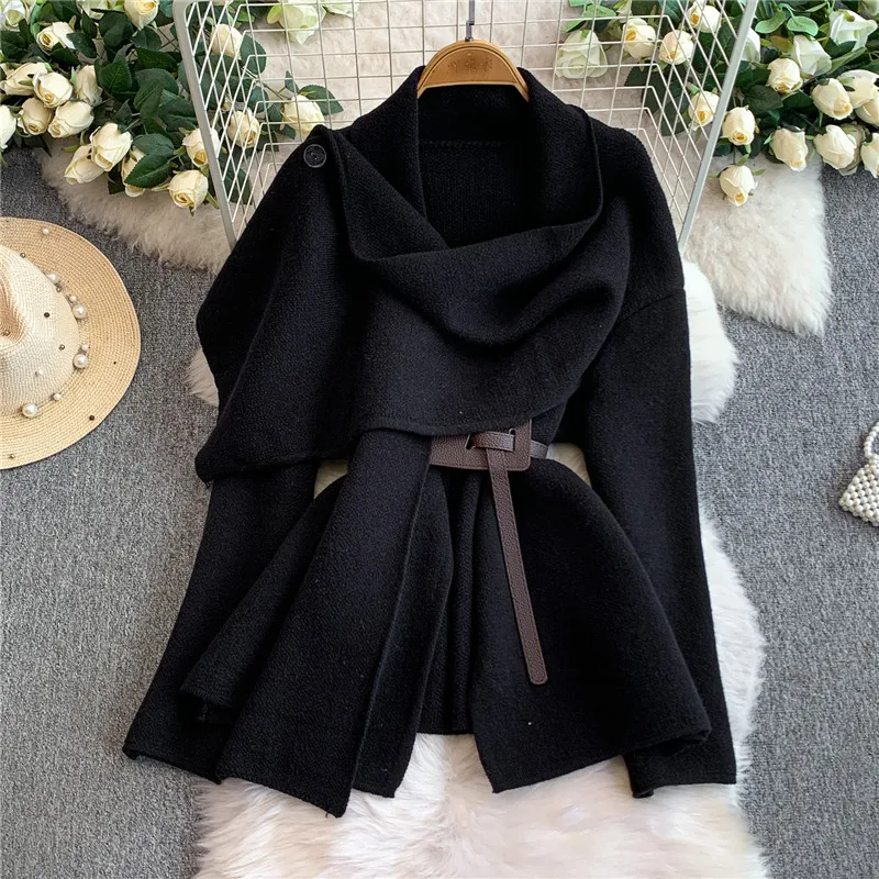 2026 Fall Winter Women Shawl Scarf Belted Knitted Coat Black Grey Beige Khaki Loose Cloak Cape Elegant Swing Collar Thick Jacket