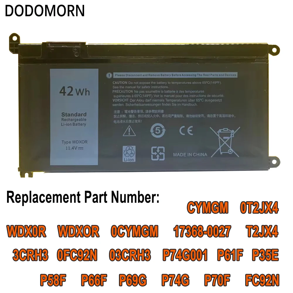 11.4V WDX0R Laptop Battery For DELL Latitude 3180 3189 3390 Vostro 14 5468 15 5568 Inspiron 13 5379 5368 17 5767 5770 WDXOR