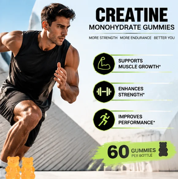 60‑Count Bottle Creatine Monohydrate Gummies,5000mg Per Serving Chewable Sports Dietary Supplement